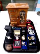 A tray containing jewellery box, quantity of costume jewellery, cameo brooch,