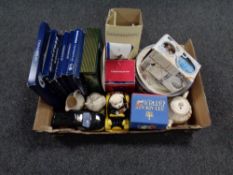 A box of miscellany to include Ringtons calendar plates and novelty teapots, Johnson Brothers bowl,