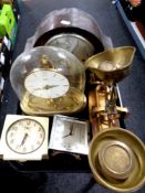 A tray of vintage kitchen scales with weights, oak cased Smiths Enfield mantel clock,