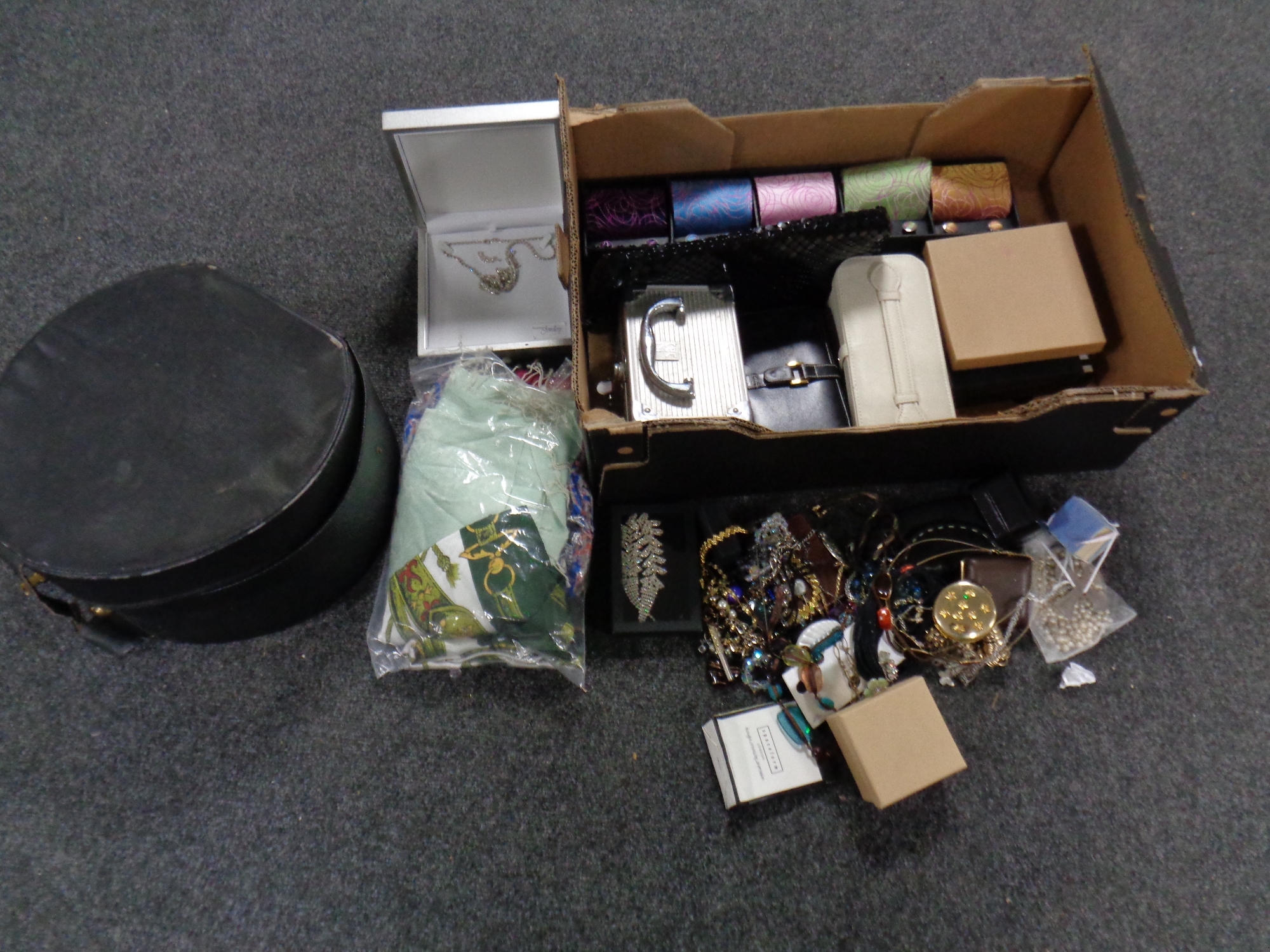 A box of hat box, costume jewellery, compacts,
