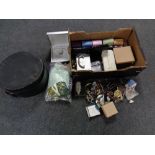 A box of hat box, costume jewellery, compacts,