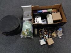 A box of hat box, costume jewellery, compacts,