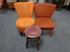 Two mid 20th century cocktail chairs together with an antique kitchen stool