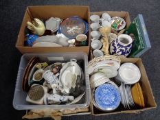 Four boxes containing a quantity of 20th century tea china, dinner wares, vases,