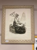 Continental school : Study of a young lady by hay, monochrome print,