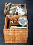 A box containing 20th century china and glass commemorative wares etc together with a wicker hamper