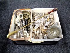 A tray containing plated wares to include a large quantity of stainless steel and plated cutlery,