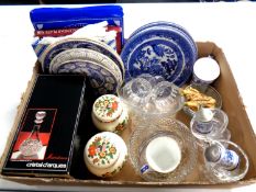 A box containing miscellaneous to include glassware, blue and white plates, Ringtons plates,