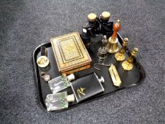 A tray containing miscellaneous to include pocket spring balance scales,