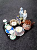 A tray containing antique and later china to include continental figures, Staffordshire figure,
