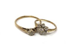 A 9ct gold CZ cluster ring together with a similar solitaire ring (2) CONDITION REPORT: