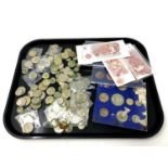 A tray of British pre-decimal coinage, cased coins sets,
