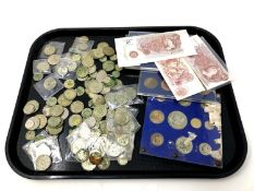 A tray of British pre-decimal coinage, cased coins sets,