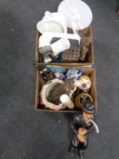 Two boxes containing miscellaneous to include enamelled scales, bed slipper pan, fibre glass figure,
