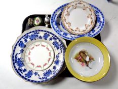 A tray containing antique and later china to include cabinet wall plates, dishes, china bell,