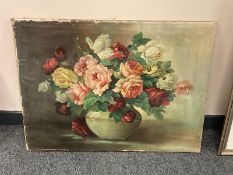 Continental school : Still life with roses in a vase, oil on canvas,