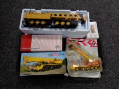 A tray containing five die cast and plastic cranes to include a Liebherr HO10130,