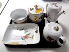 A tray containing five pieces of Royal Worcester Evesham to include tea and coffee pots and dishes