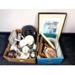 Two boxes containing assorted framed pictures, miscellaneous china, place mats,
