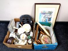 Two boxes containing assorted framed pictures, miscellaneous china, place mats,