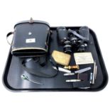 A tray of cased Prinzlux binoculars, vintage brass purse, pocket knives,