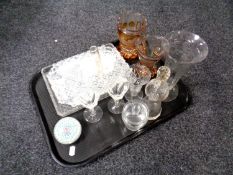 A tray containing assorted glassware to include liqueur glasses, thistle decanter,
