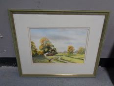 M Harrison, rural landscape, watercolour,