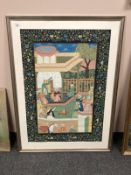 Indian school : Figures in a building with gardens beyond, watercolour,