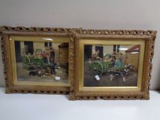 A pair of 19th century over painted pictures depicting a dog drawn tea cart, initialed N.Y.