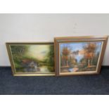 A David James oil on canvas, water mill, framed, together with a further oil on canvas,
