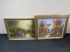 A David James oil on canvas, water mill, framed, together with a further oil on canvas,