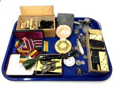 A tray of costume jewellery, chess set, dominoes,