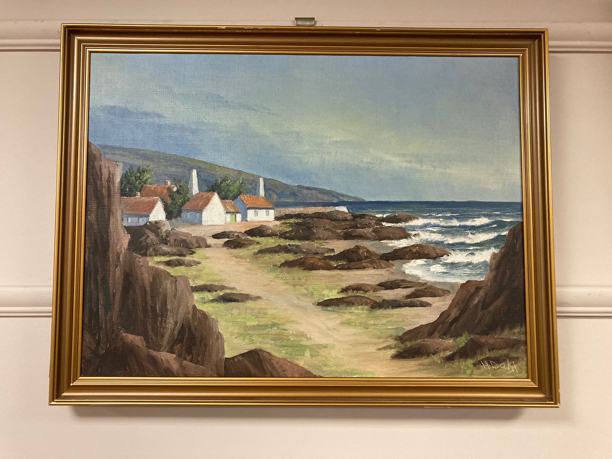 H Dahl : White buildings by rocks, oil on canvas,