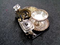 A tray containing a quantity of antique plated wares to include tea and coffee pot, baskets,