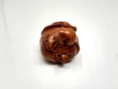 A carved hardwood Chinese netsuke - Two rats on fruit