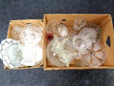 Two boxes containing a quantity of 20th century pressed glassware including vases,