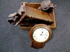 A box containing a 19th century pine cased Junghans mantel clock together with two further wall