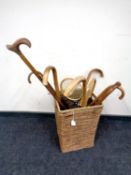 A wicker basket containing sports rackets and assorted walking sticks
