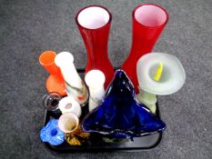 A tray containing 11 assorted glass vases to include Venetian and Wedgwood