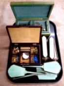 A tray containing leather jewellery boxes containing pair of 9ct gold cuff links, costume jewellery,