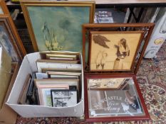 A box containing a large quantity of framed pictures, eastern wooden panel,