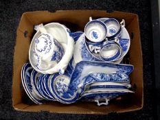 A box containing a quantity of antique and later blue and white china to include Booth's Real Old