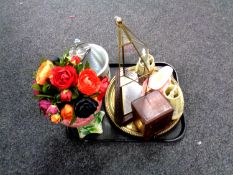 A tray containing miscellaneous to include leather carriage clock case, plated tray, vase, planter,