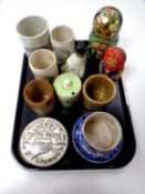 A tray containing antique and later marmalade and stilton cheese jars,