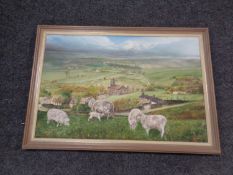 A 20th century Stan Boldock oil on canvas, sheep on a hillside with valley beyond,