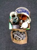 Two boxes containing chrome door handles, assorted china to include Royal Doulton bowl,