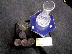 A tray containing boxed Stewart crystal carafe, Thomas Webb crystal whiskey decanters, water jug,