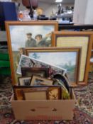 A box containing a large quantity of assorted framed pictures,