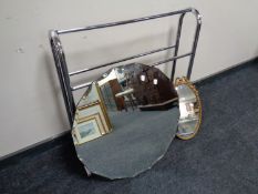 A 1920's shaped frameless bevel edged mirror together with a further gilt framed mirror and a towel