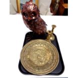 A tray of metal sculpture of an owl together with two brass embossed plaques and pair of antique